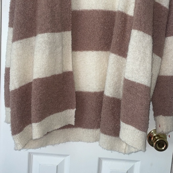 •PINK LILY•STRIPED MOCHA/IVORY OPEN FRONT SUPER SOFT KNIT CARDIGAN SWEATER LARGE - Picture 6 of 9